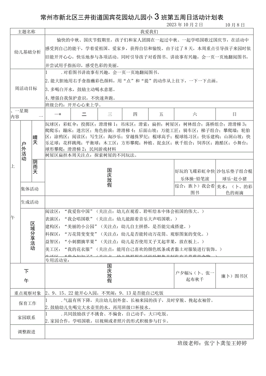 常州市新北区三井街道国宾花园幼儿园小3班第五周日活动计划表.docx_第1页