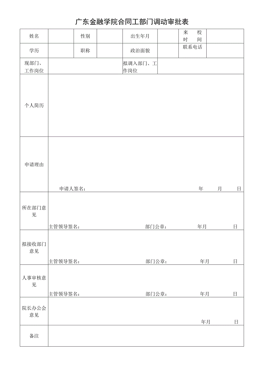 广东金融学院合同工部门调动审批表.docx_第1页