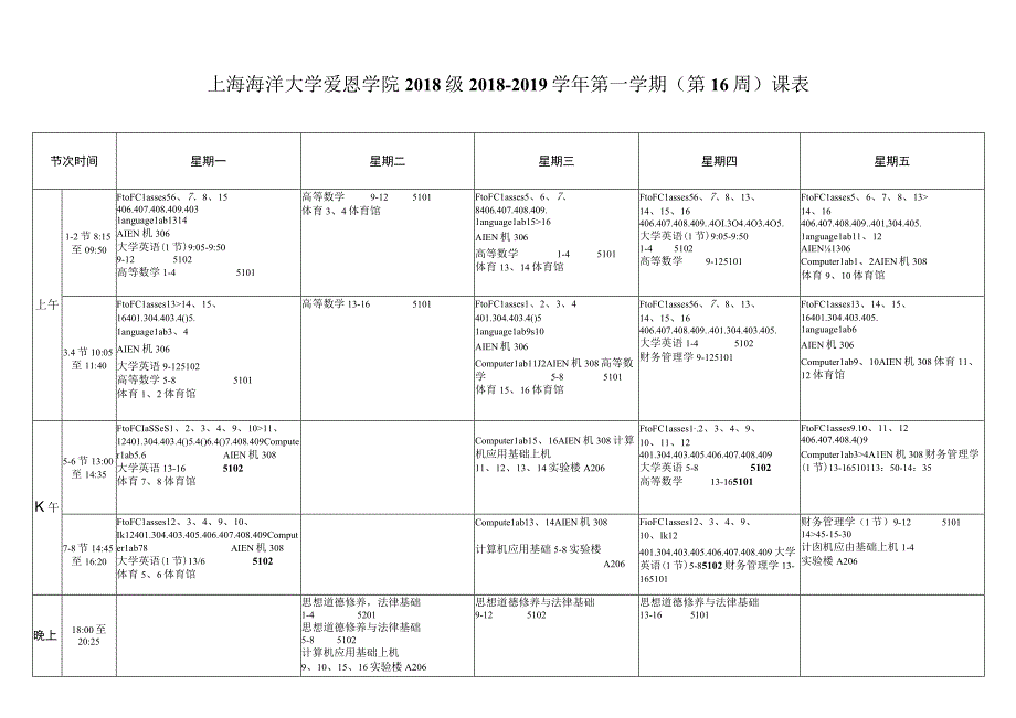 星期五上海海洋大学爱恩学院2018级2018-2019学年第一学期第16周课表.docx_第1页