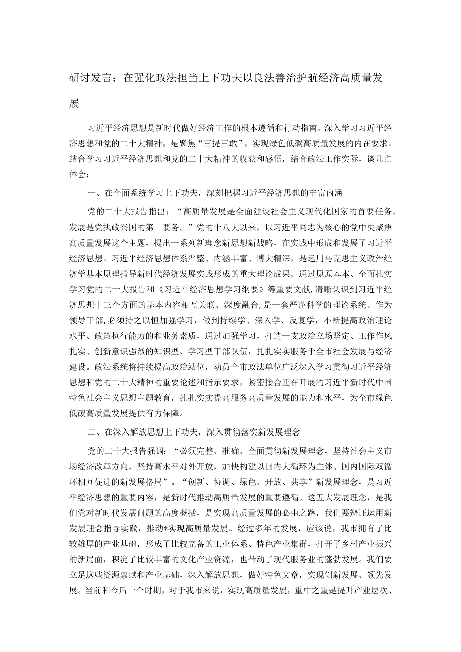 研讨发言：在强化政法担当上下功夫 以良法善治护航经济高质量发展.docx_第1页