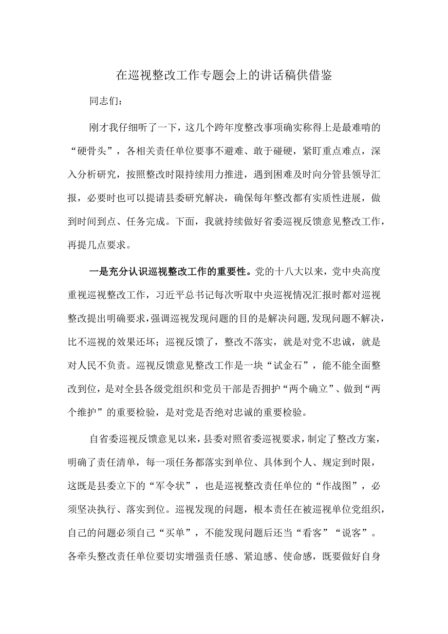 在巡视整改工作专题会上的讲话稿供借鉴.docx_第1页