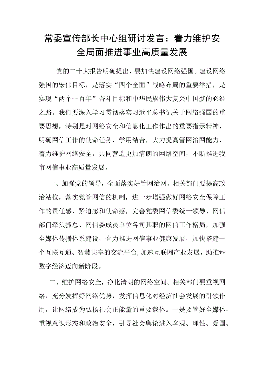 研讨发言：着力维护安全局面 推进事业高质量发展（宣传部长）.docx_第1页