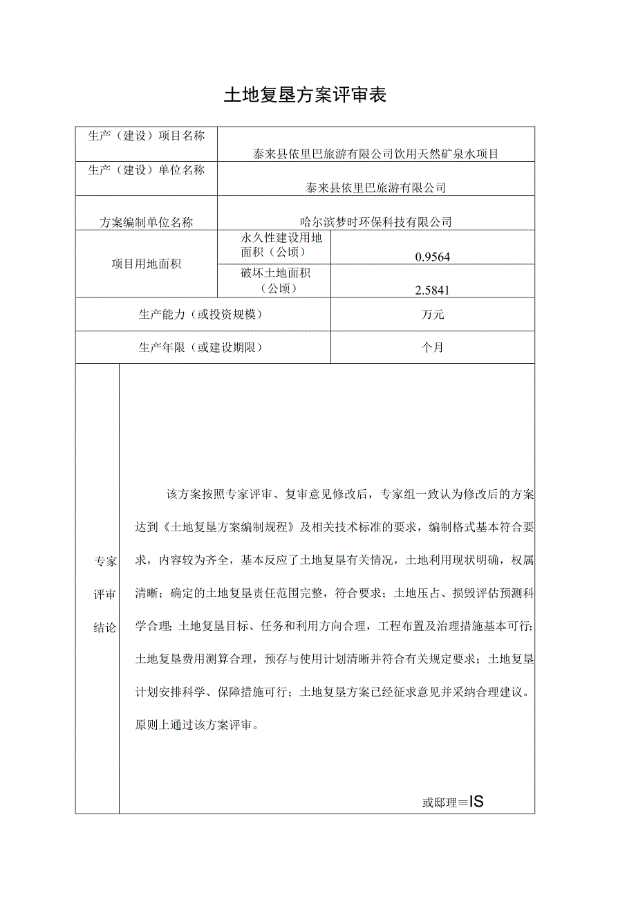 泰来县依里巴旅游有限公司饮用天然矿泉水矿山地质环境保护与土地复垦方案评审表.docx_第1页