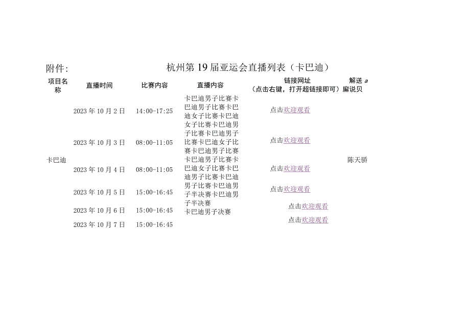 杭州第19届亚运会直播列表卡巴迪.docx_第1页