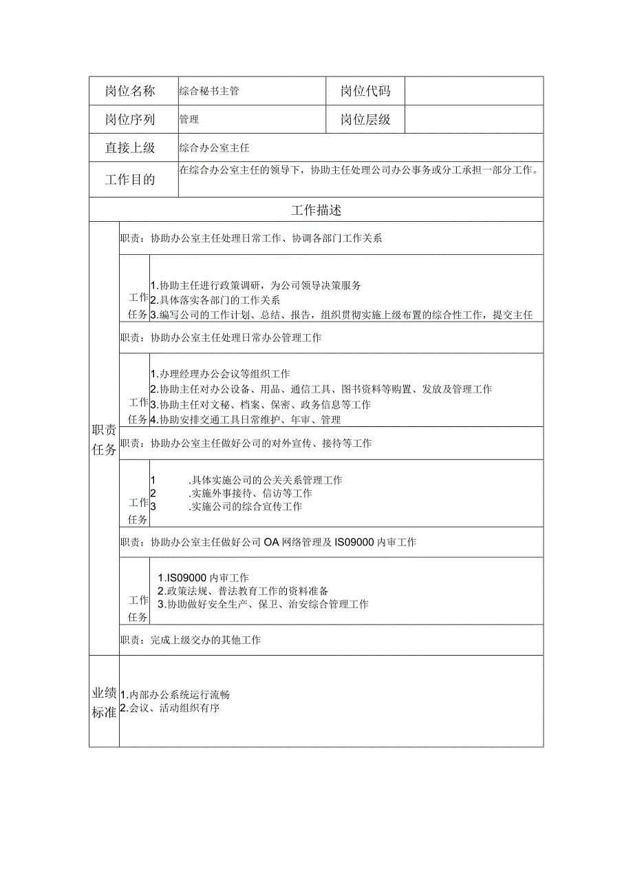 综合秘书主管--工业制造类岗位职责说明书.docx_第1页