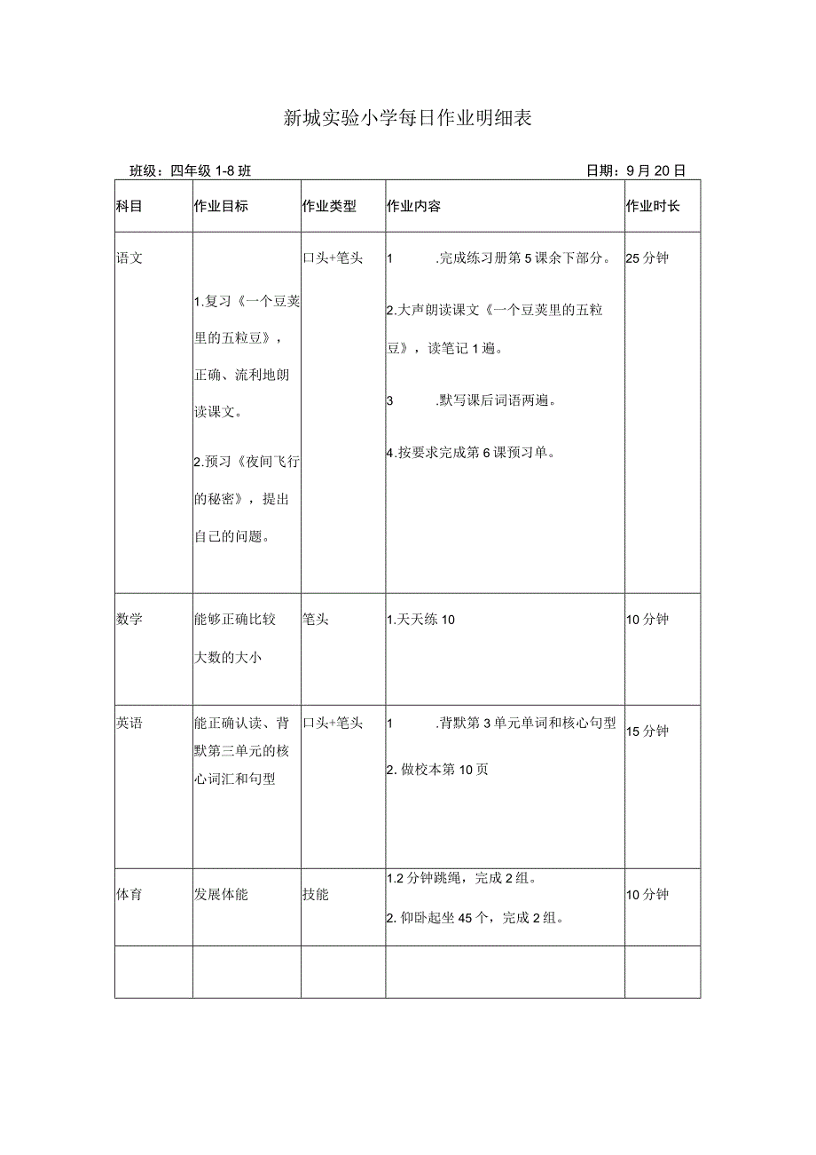 新城实验小学每日作业明细表.docx_第1页