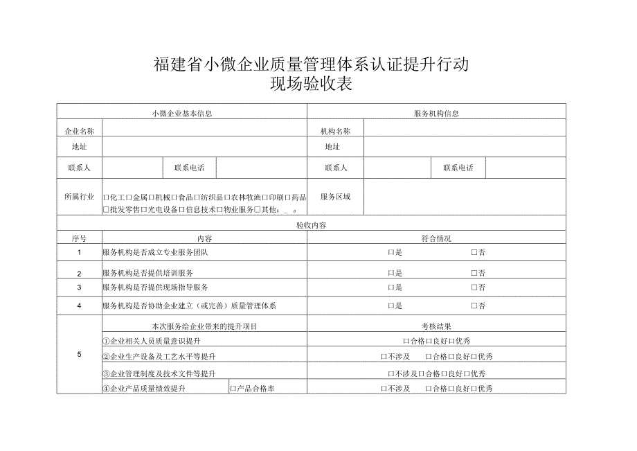 福建省小微企业质量管理体系认证提升行动现场验收表.docx_第1页