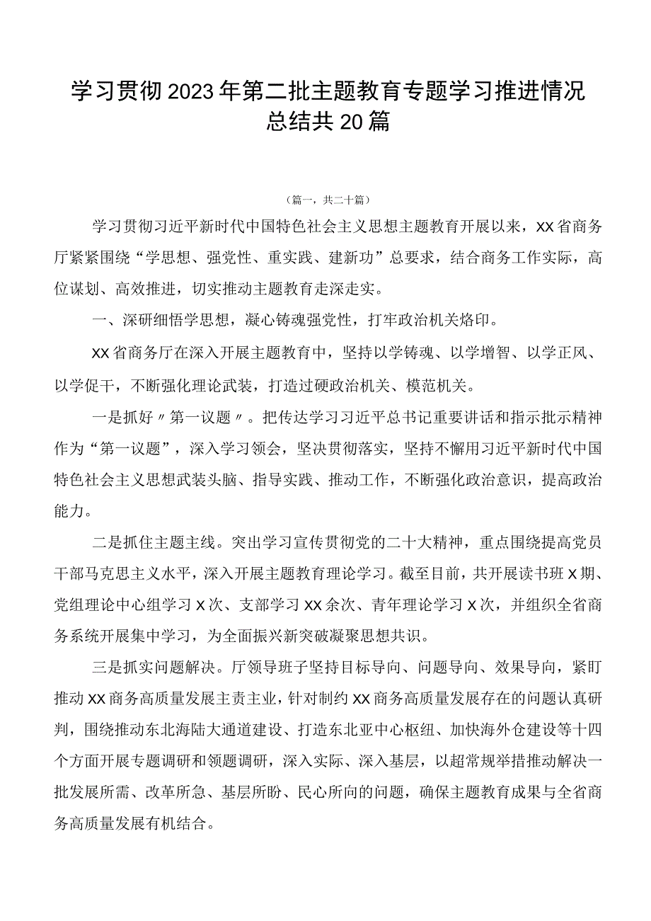 学习贯彻2023年第二批主题教育专题学习推进情况总结共20篇.docx_第1页