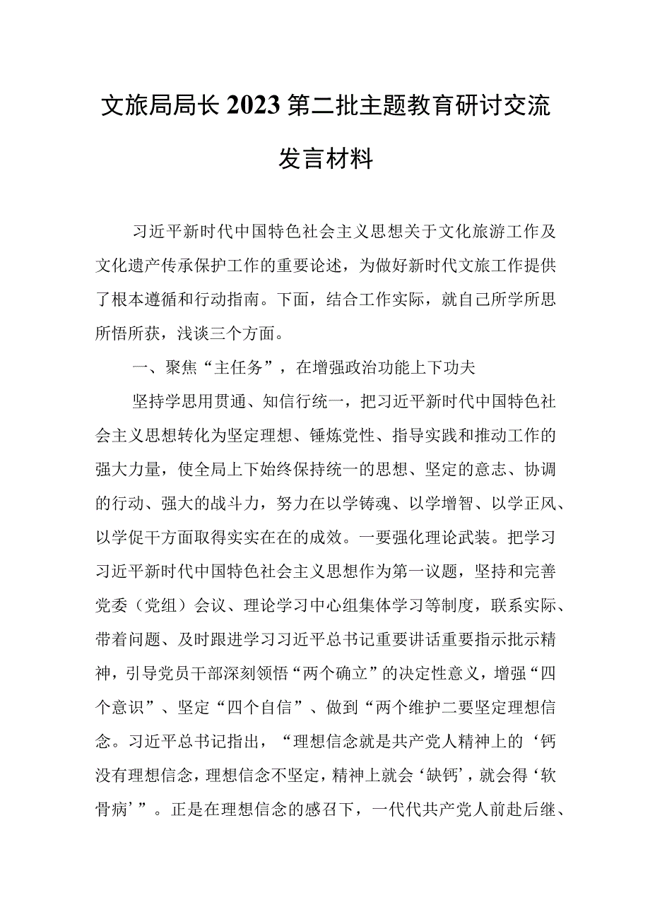 文旅局局长2023第二批主题教育研讨交流发言材料.docx_第1页