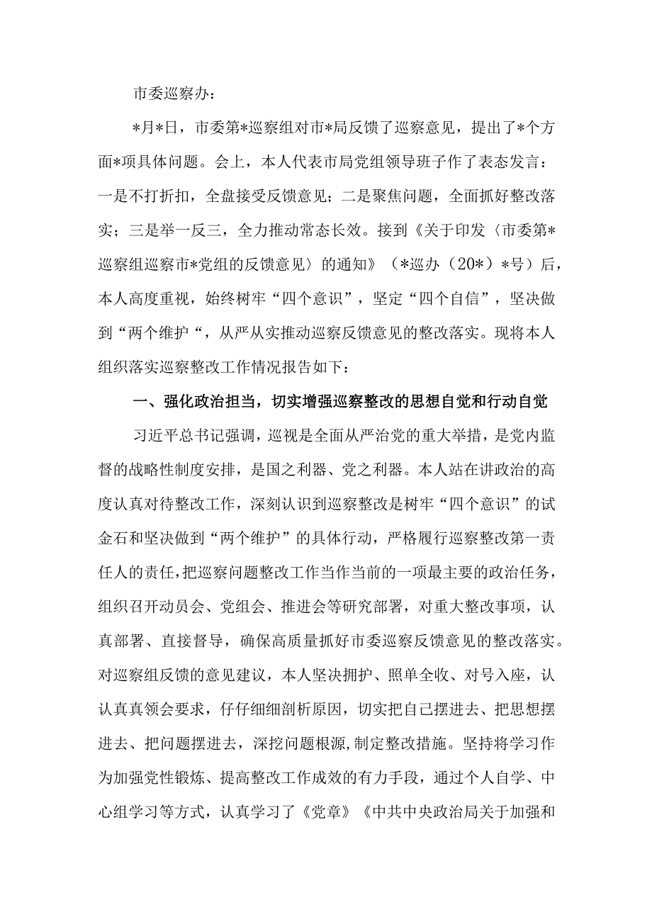 局党组主要负责人组织落实巡察反馈意见整改情况的报告.docx_第1页