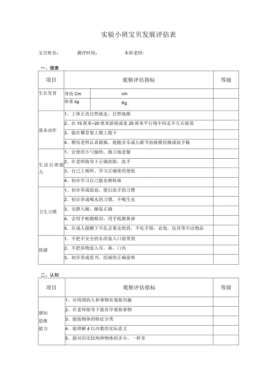 幼儿园实验小班幼儿发展评估表（健康、社会、认知、语言、艺术）.docx_第1页