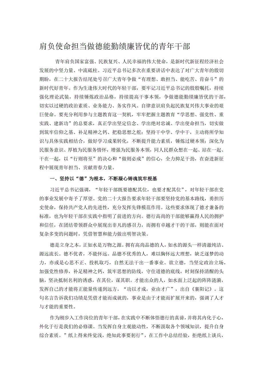 肩负使命担当 做德能勤绩廉皆优的青年干部.docx_第1页