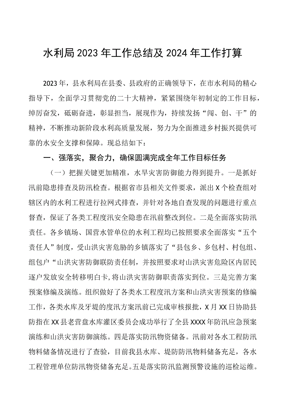 水利局2023年工作总结及2024年工作打算.docx_第1页