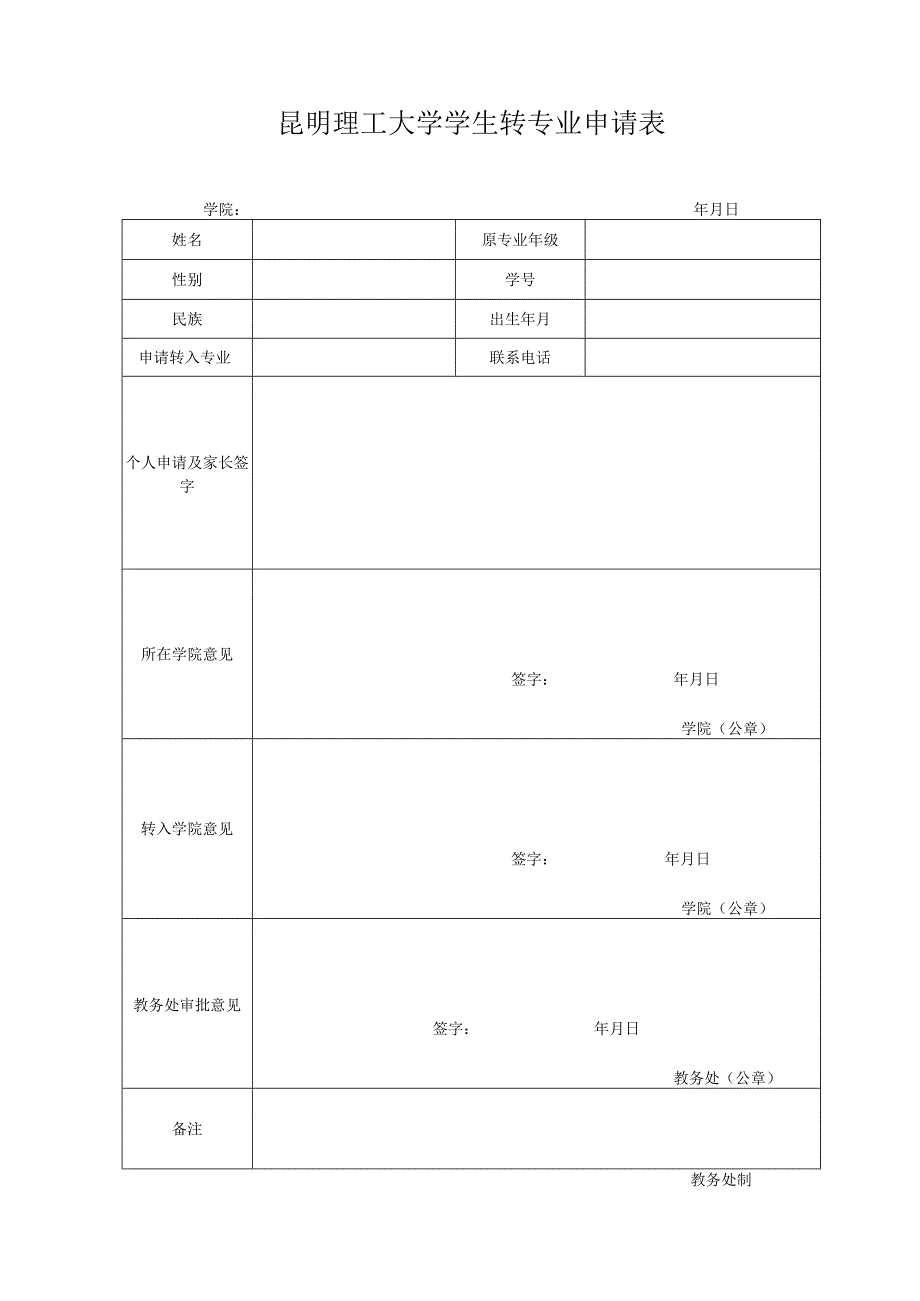 昆明理工大学学生转专业申请表.docx_第1页