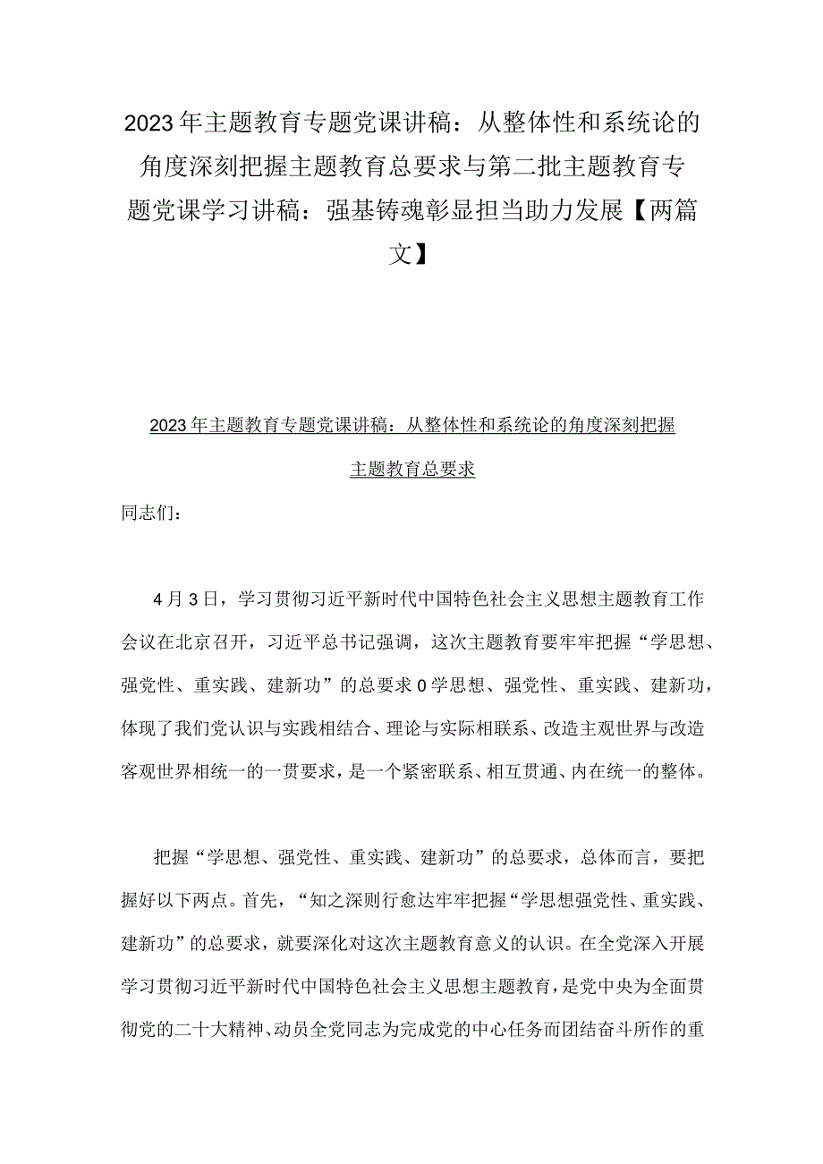 2023年主题教育专题党课讲稿：从整体性和系统论的角度深刻把握主题教育总要求与第二批主题教育专题党课学习讲稿：强基铸魂彰显担当助力发展【两篇文】.docx_第1页