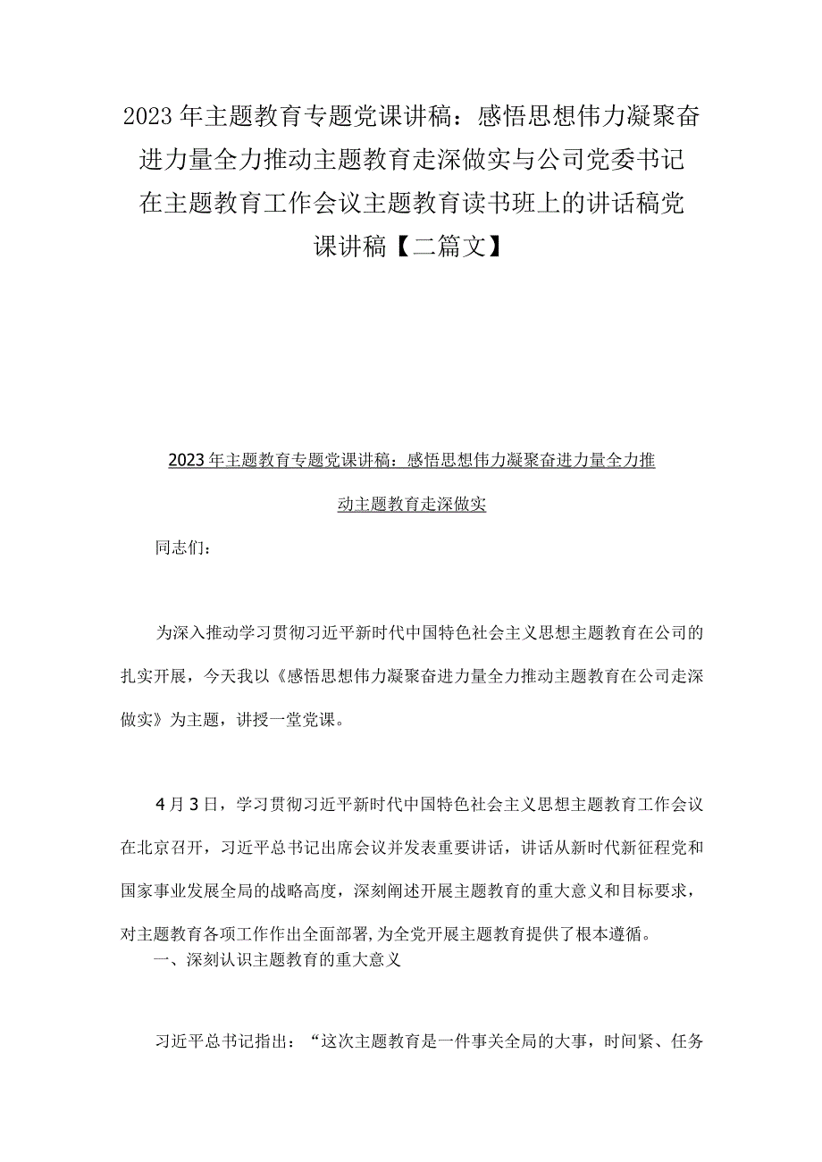 2023年主题教育专题党课讲稿：感悟思想伟力凝聚奋进力量全力推动主题教育走深做实与公司党委书记在主题教育工作会议主题教育读书班上的讲话.docx_第1页