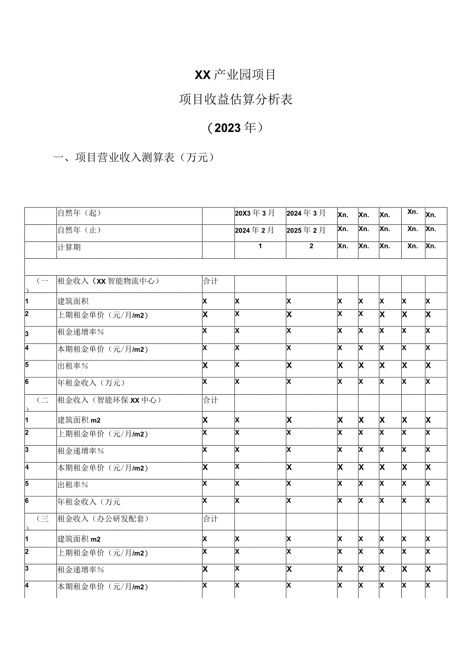 XX产业园项目项目收益估算分析表（2023年）.docx_第1页