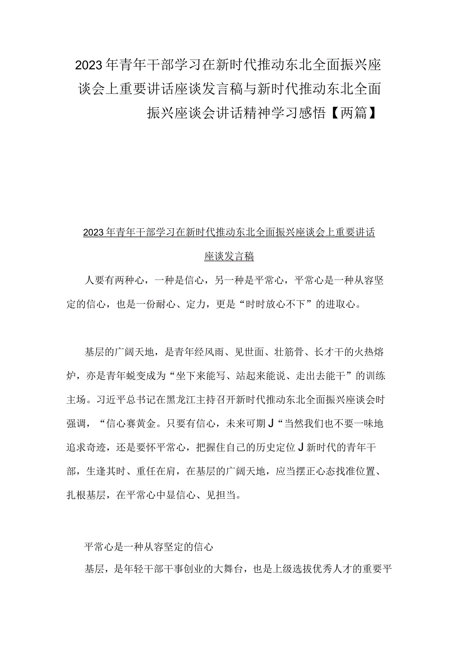 2023年青年干部学习在新时代推动东北全面振兴座谈会上重要讲话座谈发言稿与新时代推动东北全面振兴座谈会讲话精神学习感悟【两篇】.docx_第1页