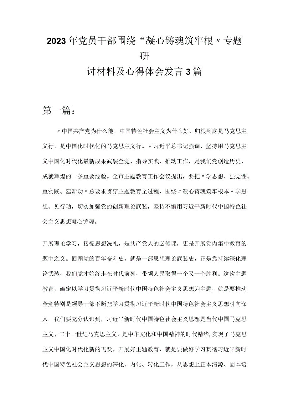 2023年党员干部围绕“凝心铸魂筑牢根”专题研讨材料及心得体会发言3篇.docx_第1页