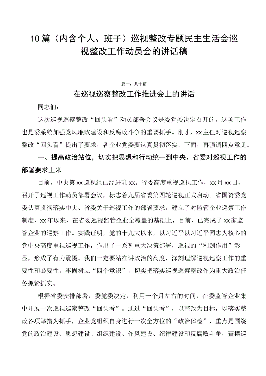 10篇巡视整改专题民主生活会巡视整改工作动员会的讲话稿.docx_第1页