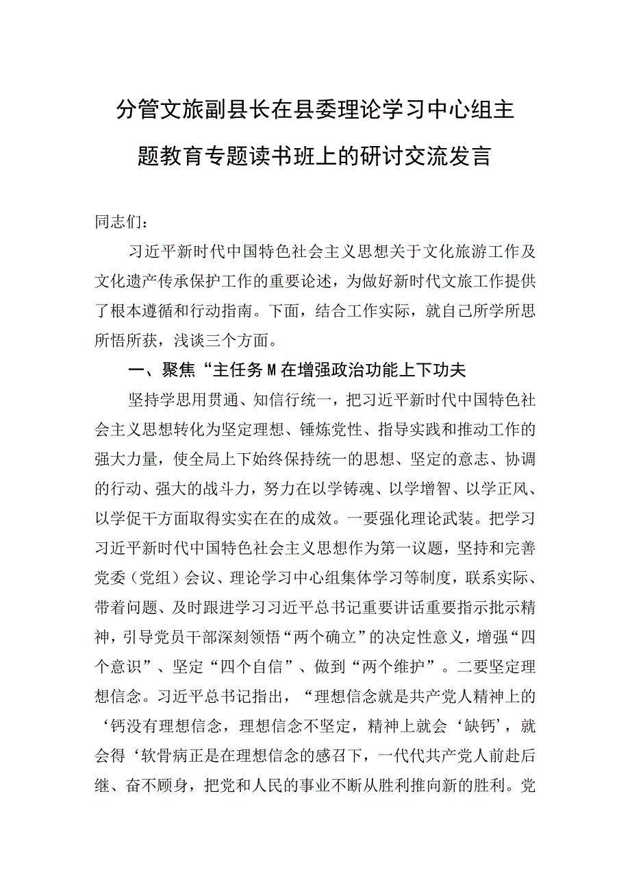 2023年分管文旅副县长在县委理论学习中心组主题′教育专题读书班上的研讨交流发言.docx_第1页