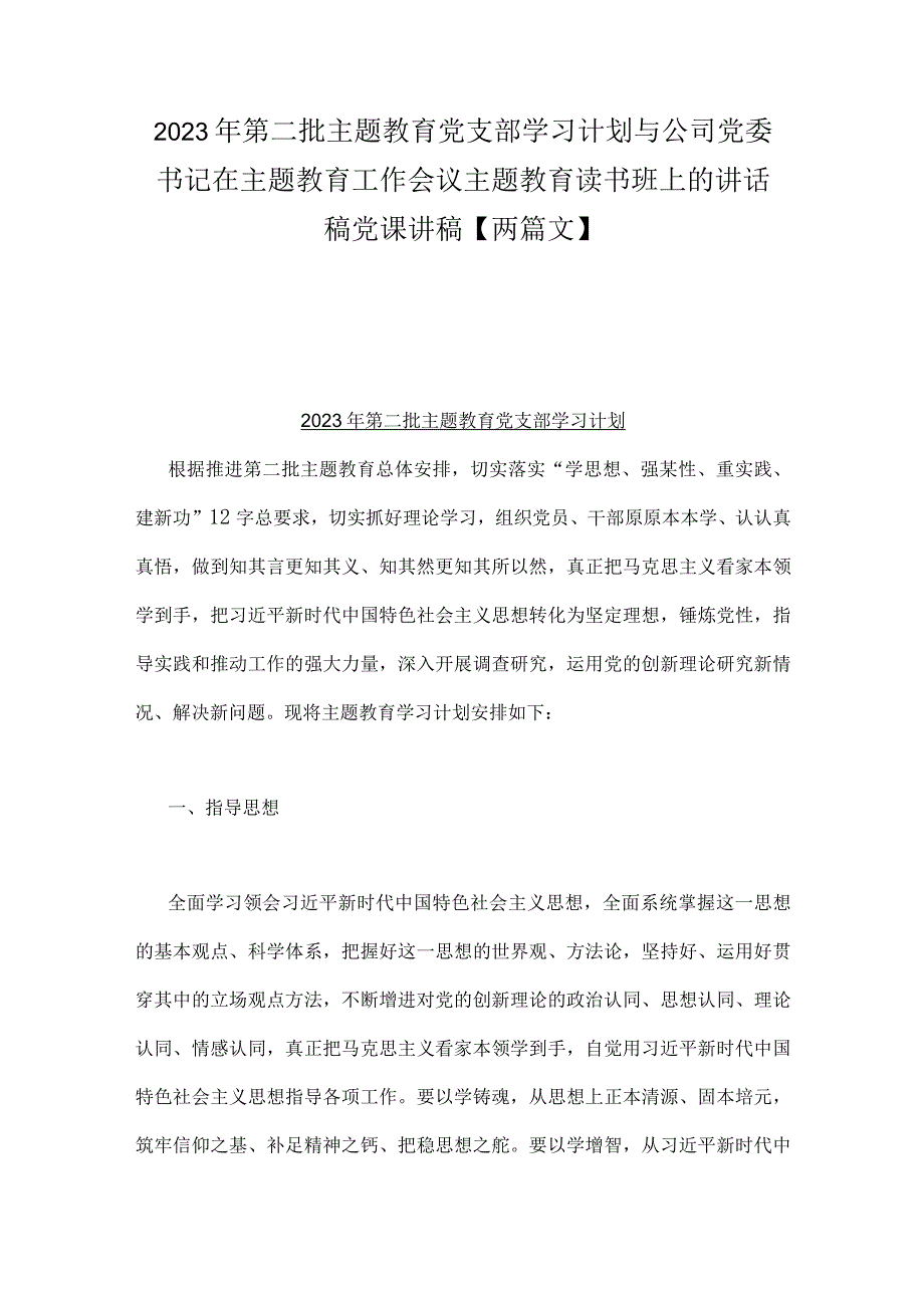 2023年第二批主题教育党支部学习计划与公司党委书记在主题教育工作会议主题教育读书班上的讲话稿党课讲稿【两篇文】.docx_第1页