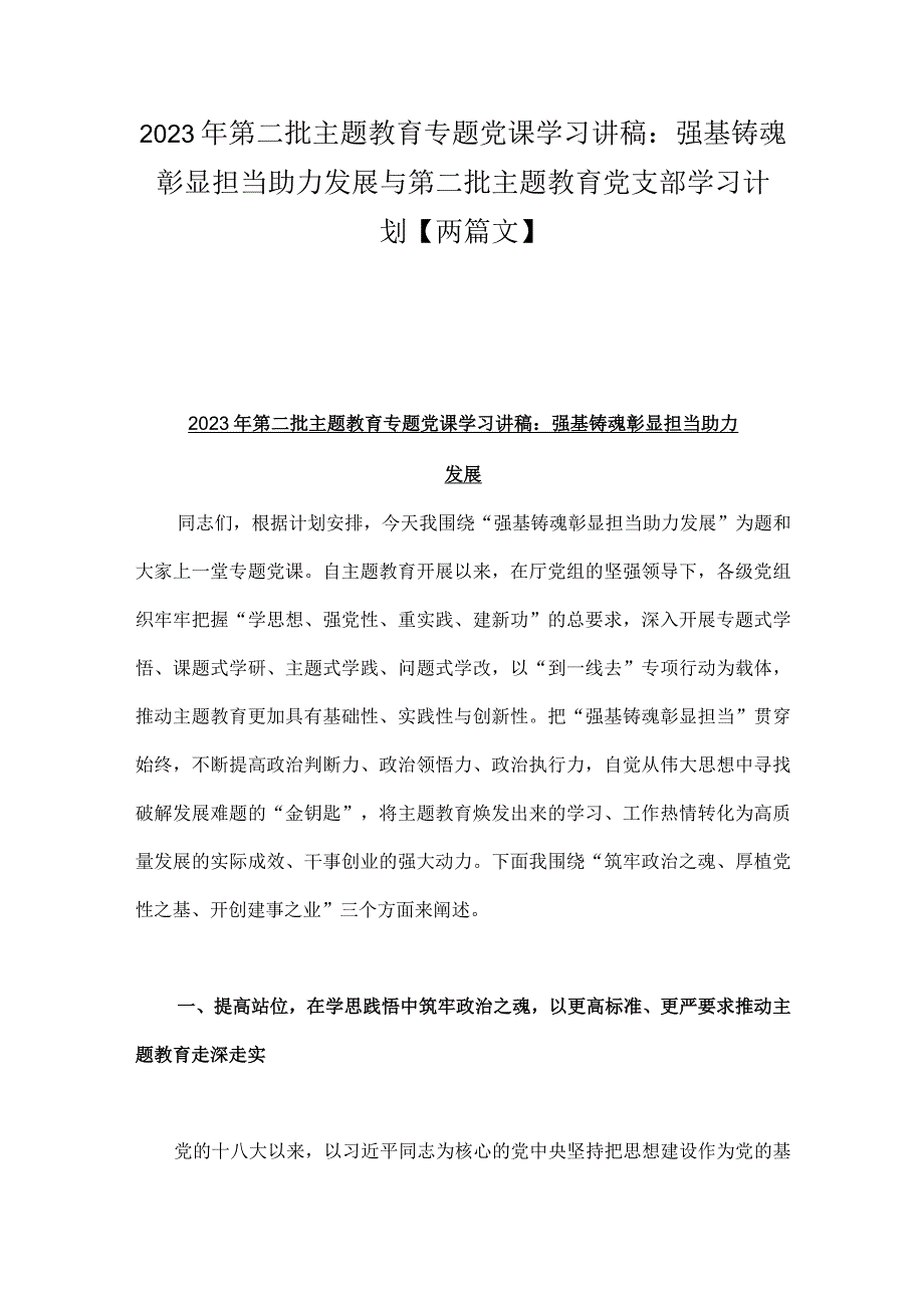 2023年第二批主题教育专题党课学习讲稿：强基铸魂彰显担当助力发展与第二批主题教育党支部学习计划【两篇文】.docx_第1页