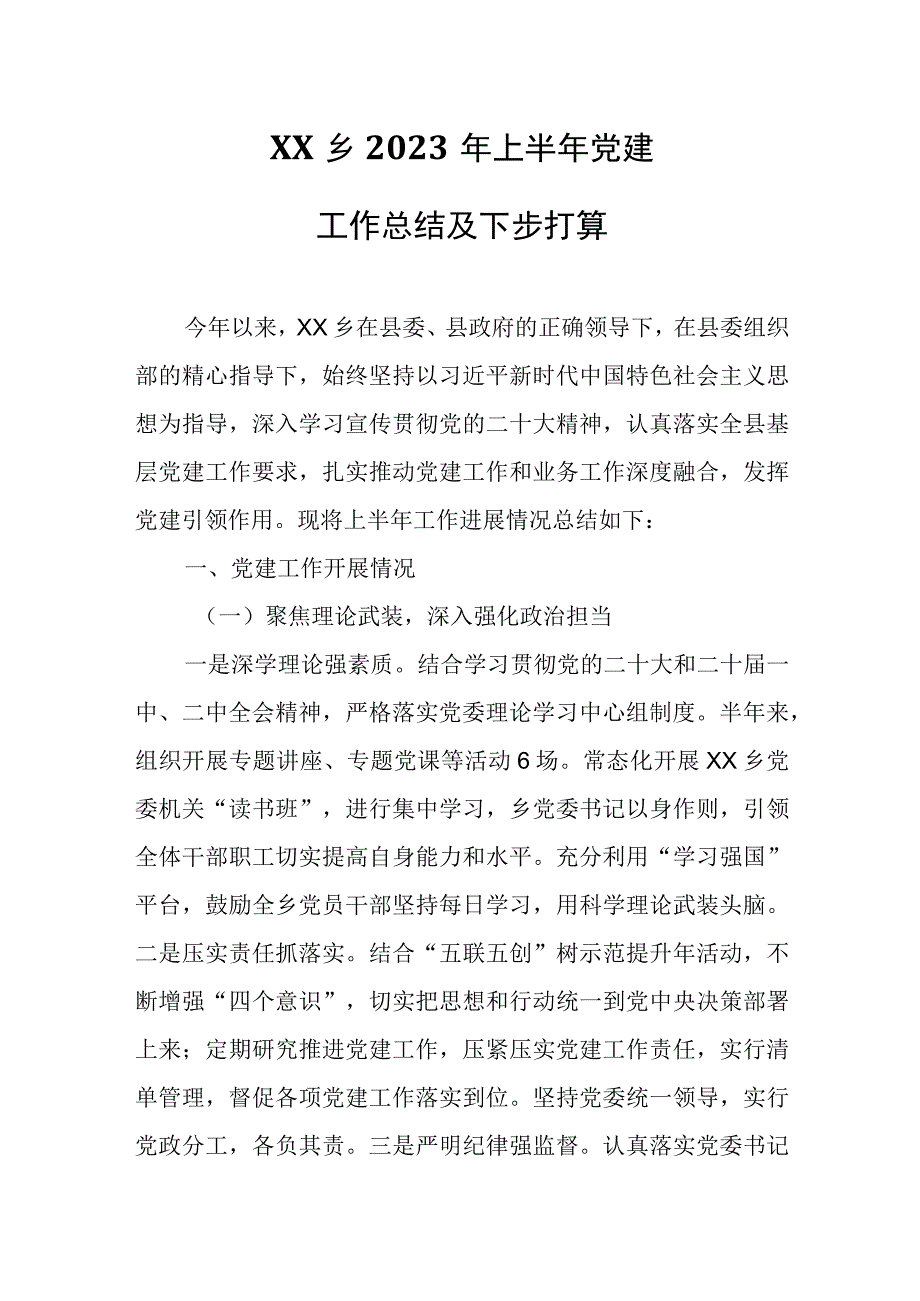 XX乡2023年上半年党建工作总结及下步打算.docx_第1页