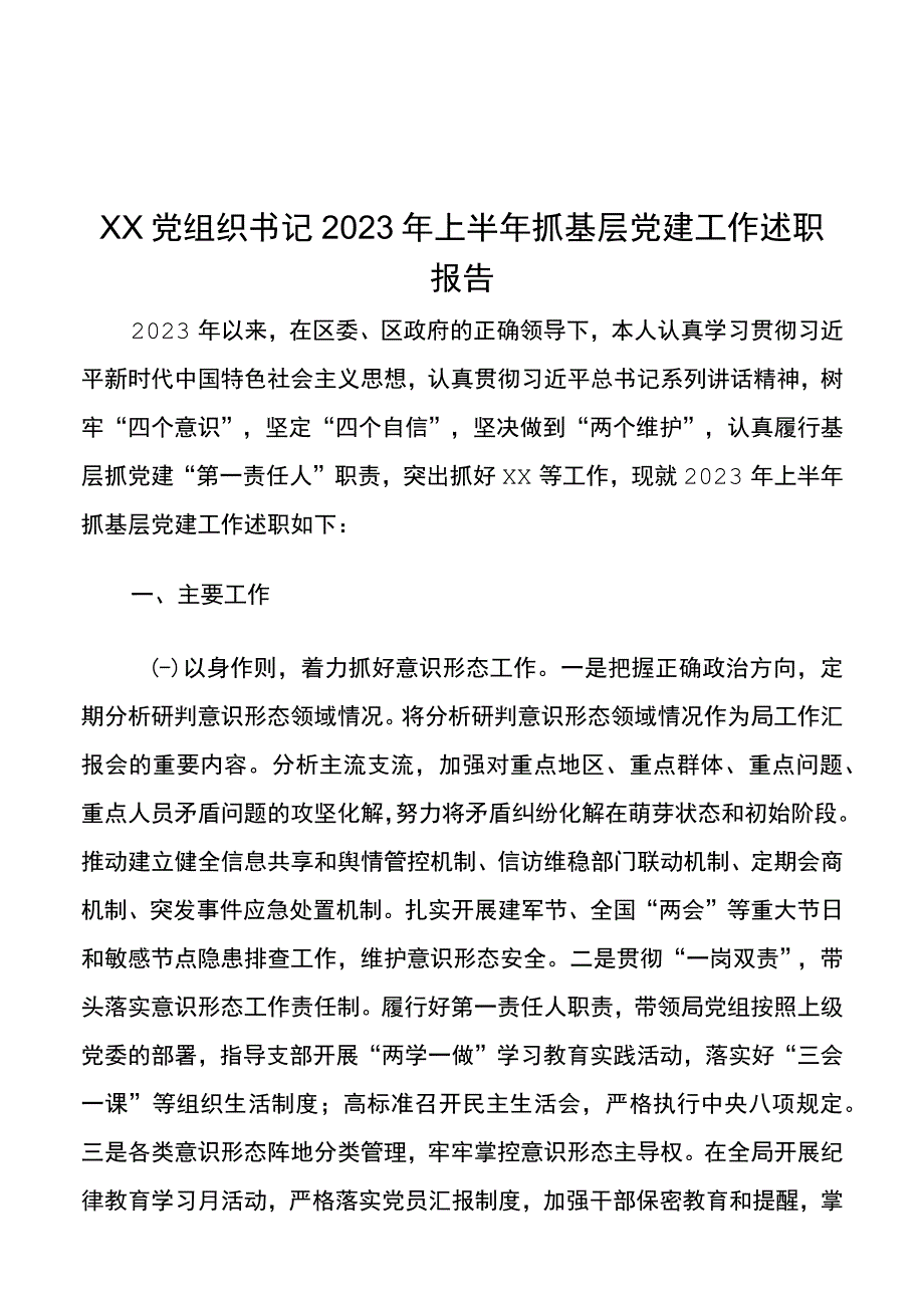 XX党组织书记2021年上半年抓基层党建工作述职报告.docx_第1页