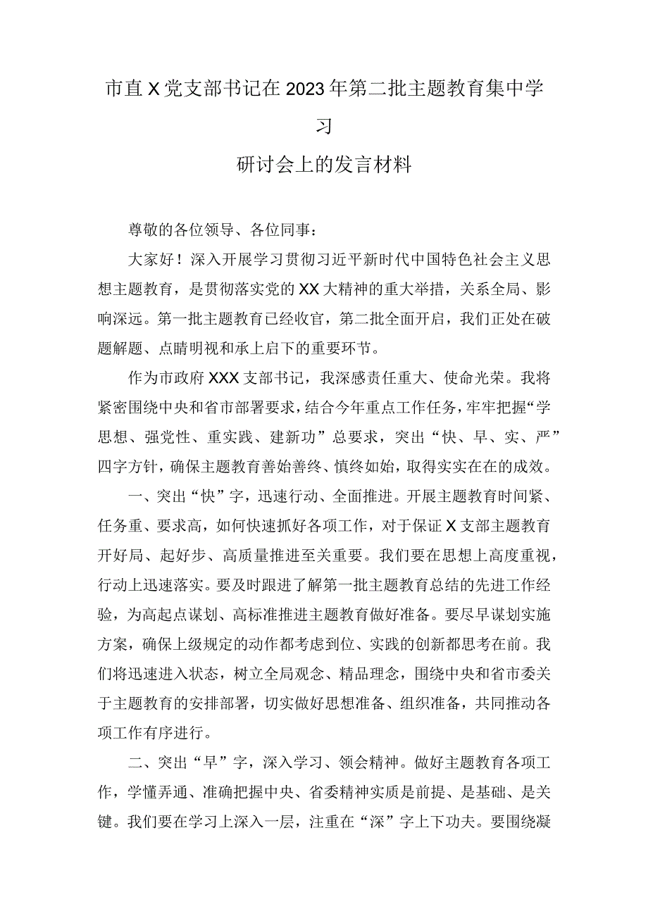 (2篇）市直机关党支部书记在2023年第二批主题教育集中学习研讨会上的发言材料+纪检监察干部教育整顿学习心得体会.docx_第1页