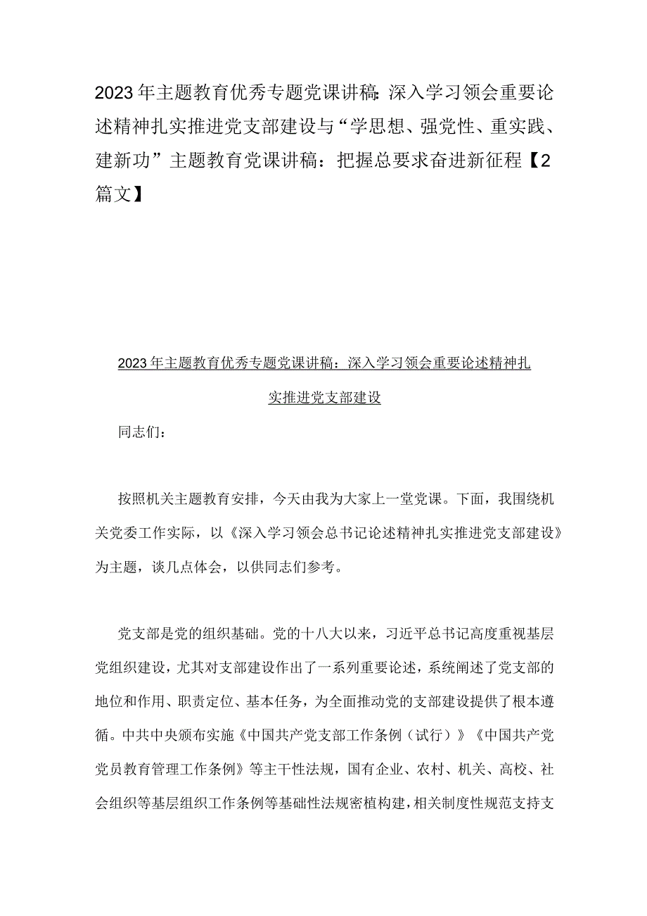 2023年主题教育优秀专题党课讲稿：深入学习领会重要论述精神扎实推进党支部建设与“学思想、强党性、重实践、建新功”主题教育党课讲稿：把握.docx_第1页