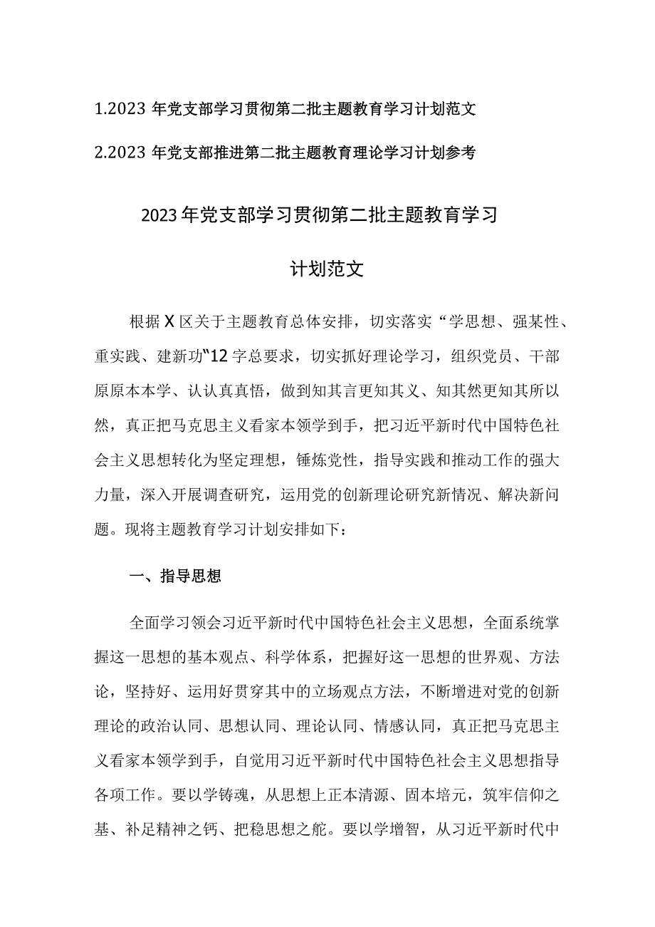 2023年党支部推进学习贯彻第二批主题教育学习计划范文2篇.docx_第1页