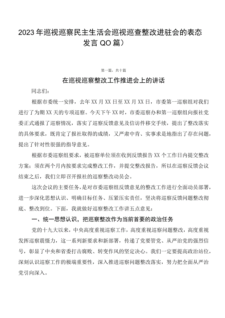 2023年巡视巡察民主生活会巡视巡查整改进驻会的表态发言（10篇）.docx_第1页