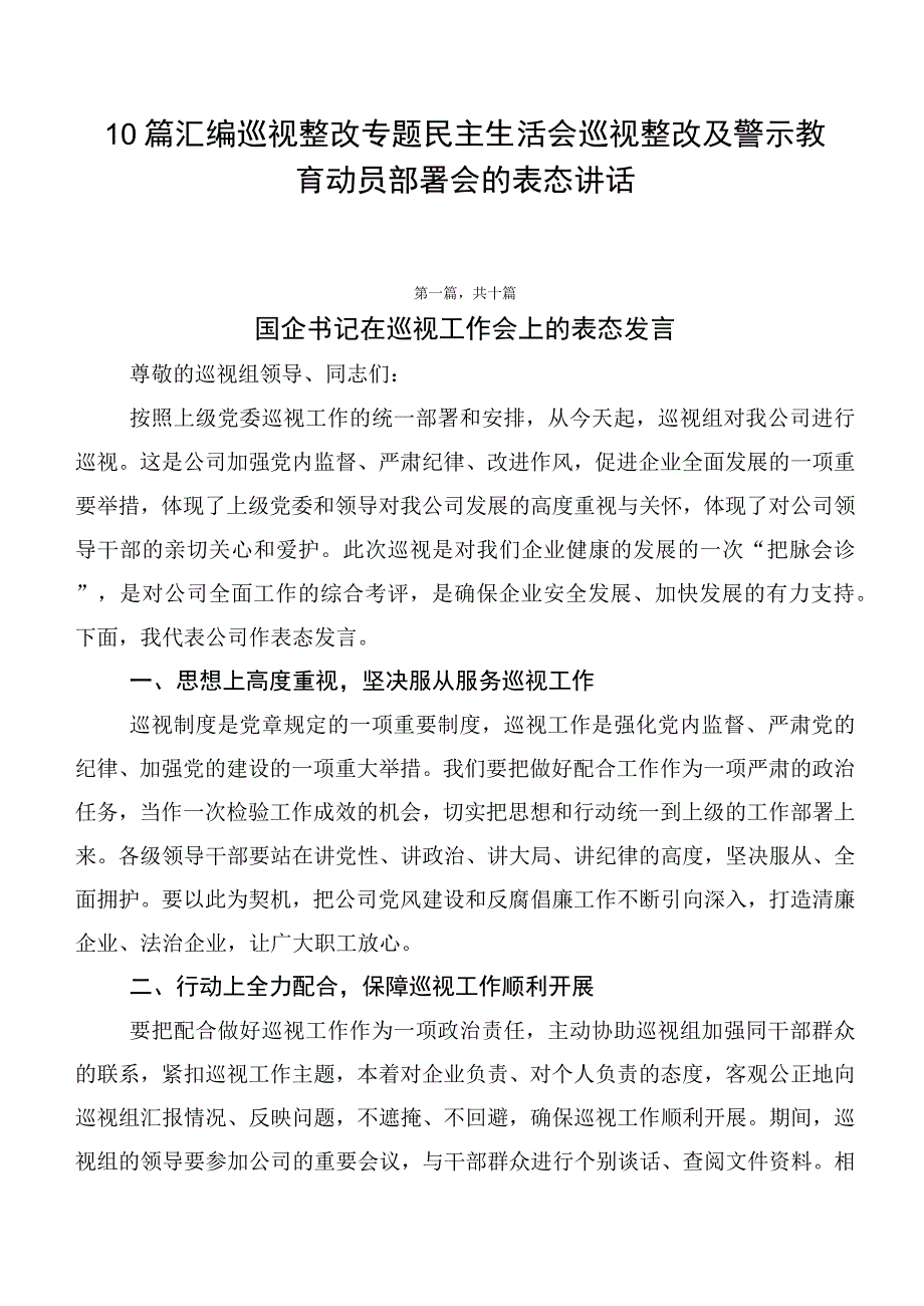 10篇汇编巡视整改专题民主生活会巡视整改及警示教育动员部署会的表态讲话.docx_第1页