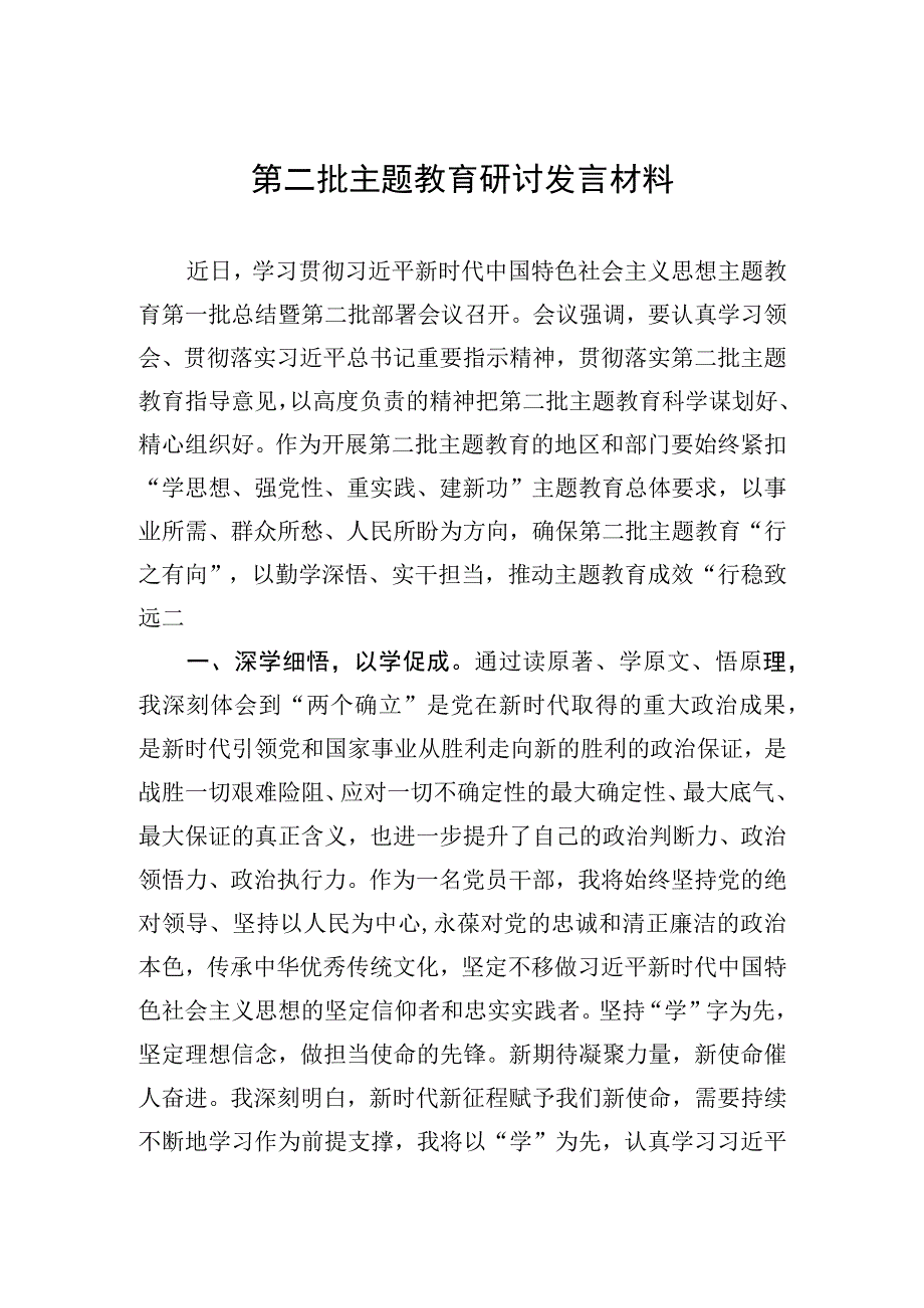 2023年第二批主题教育研讨发言材料.docx_第1页