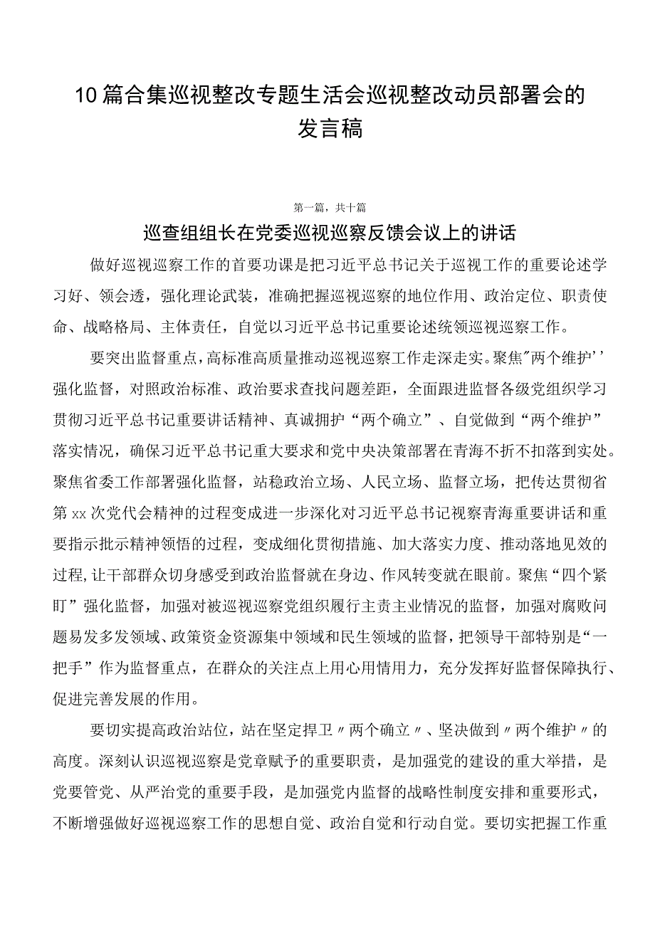 10篇合集巡视整改专题生活会巡视整改动员部署会的发言稿.docx_第1页