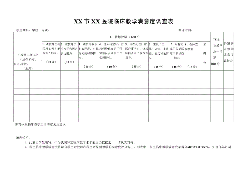 医院临床教学满意度调查表.docx_第1页