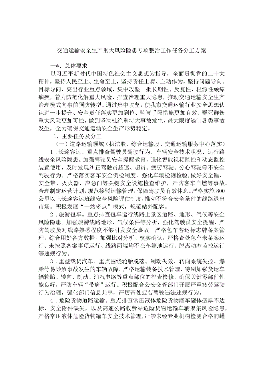 交通运输安全生产重大风险隐患专项整治工作任务分工方案.docx_第1页