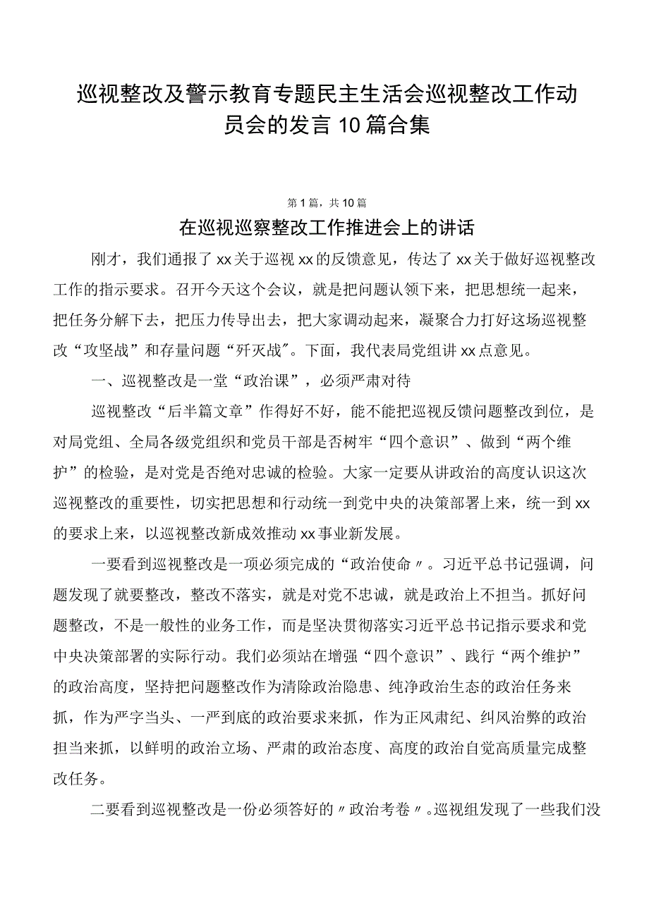 巡视整改及警示教育专题民主生活会巡视整改工作动员会的发言10篇合集.docx_第1页