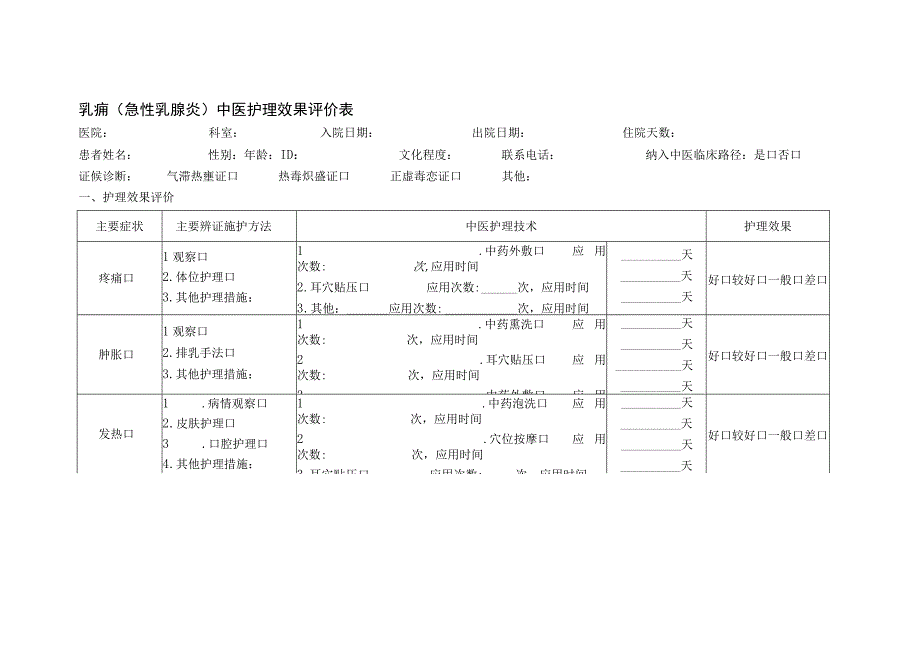 乳痈（急性乳腺炎）中医护理效果评价表.docx_第1页