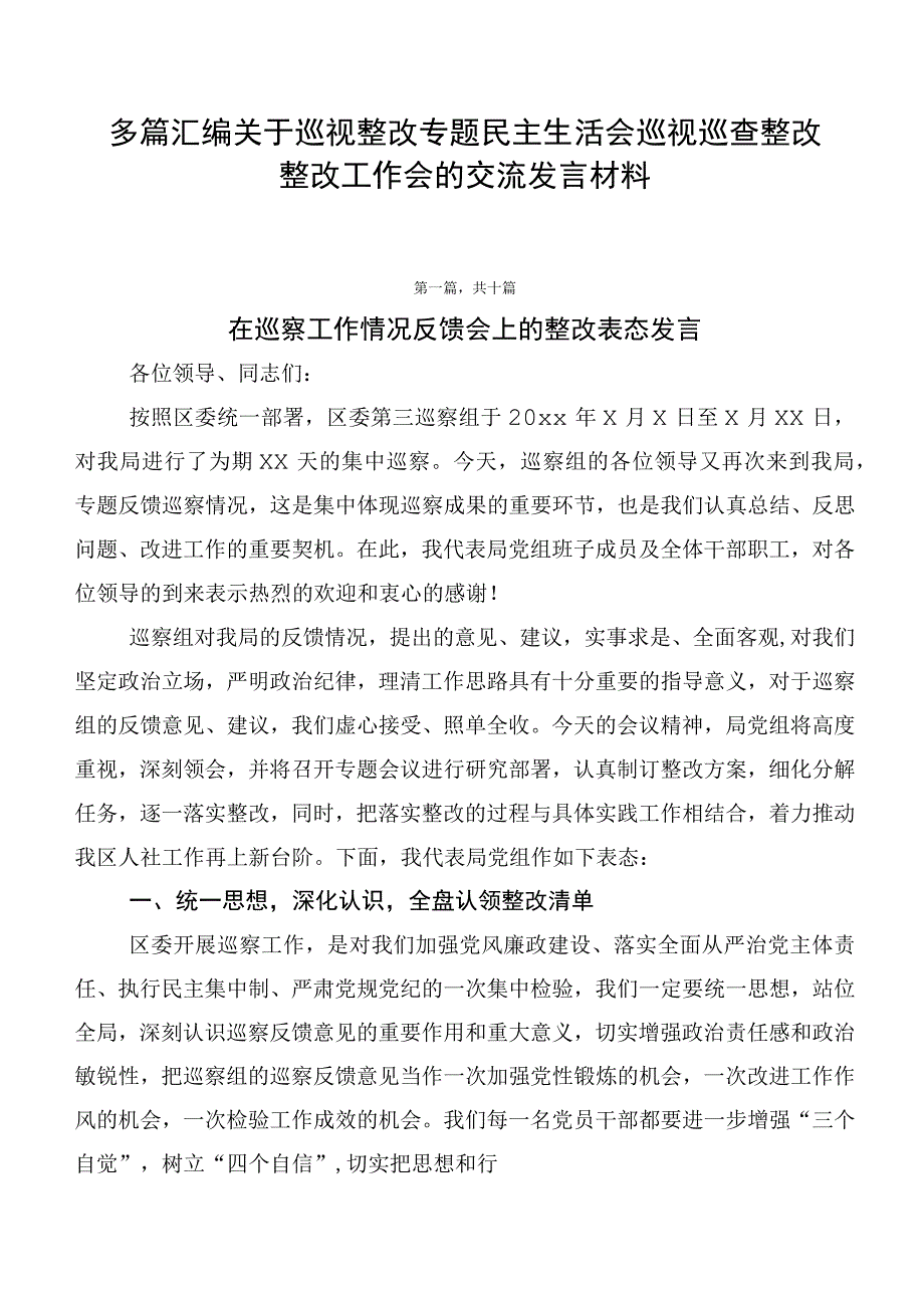 多篇汇编关于巡视整改专题民主生活会巡视巡查整改整改工作会的交流发言材料.docx_第1页