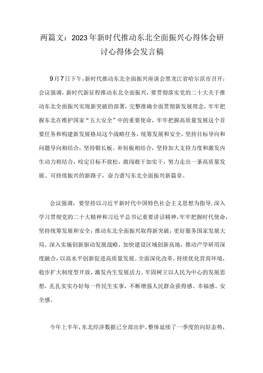 两篇文：2023年新时代推动东北全面振兴心得体会研讨心得体会发言稿.docx_第1页