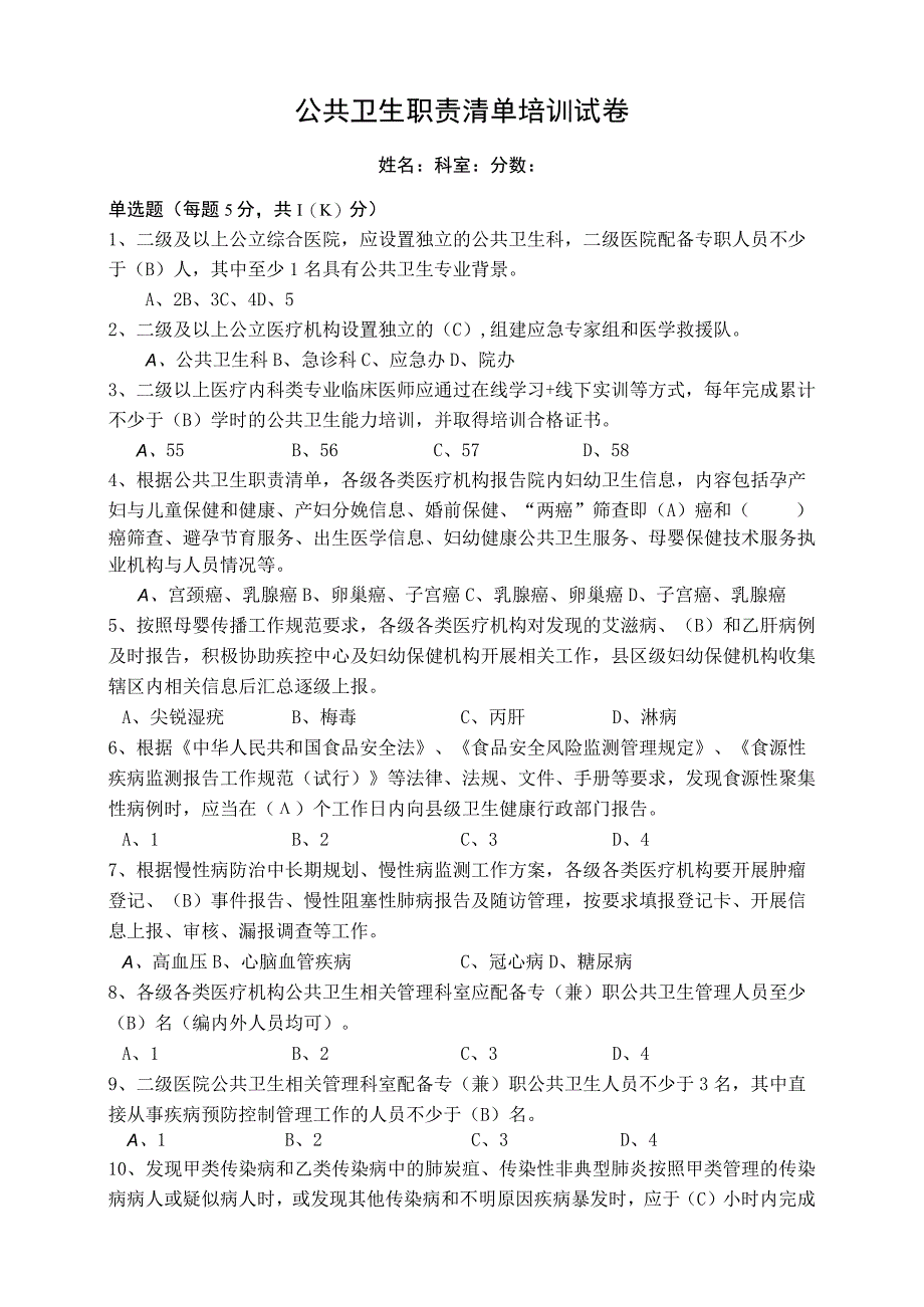 公共卫生职责清单培训试卷.docx_第1页