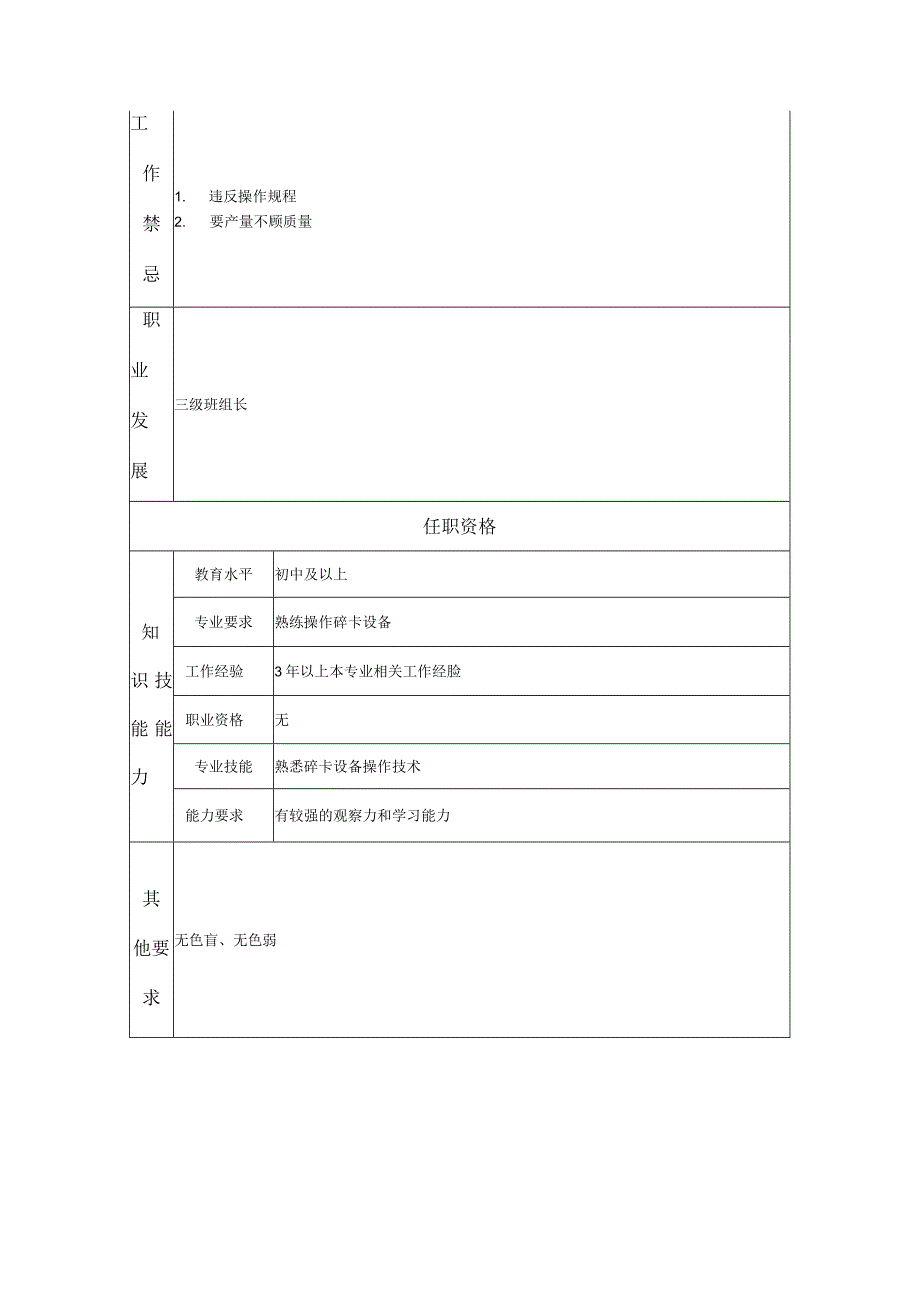 一级碎卡工--工业制造类岗位职责说明书.docx_第2页