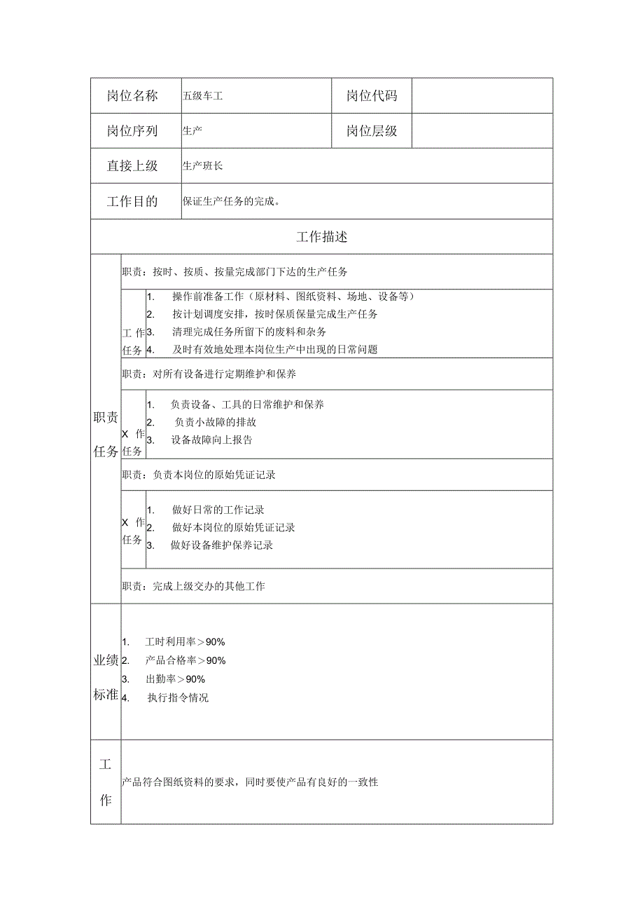 五级车工--工业制造类岗位职责说明书.docx_第1页