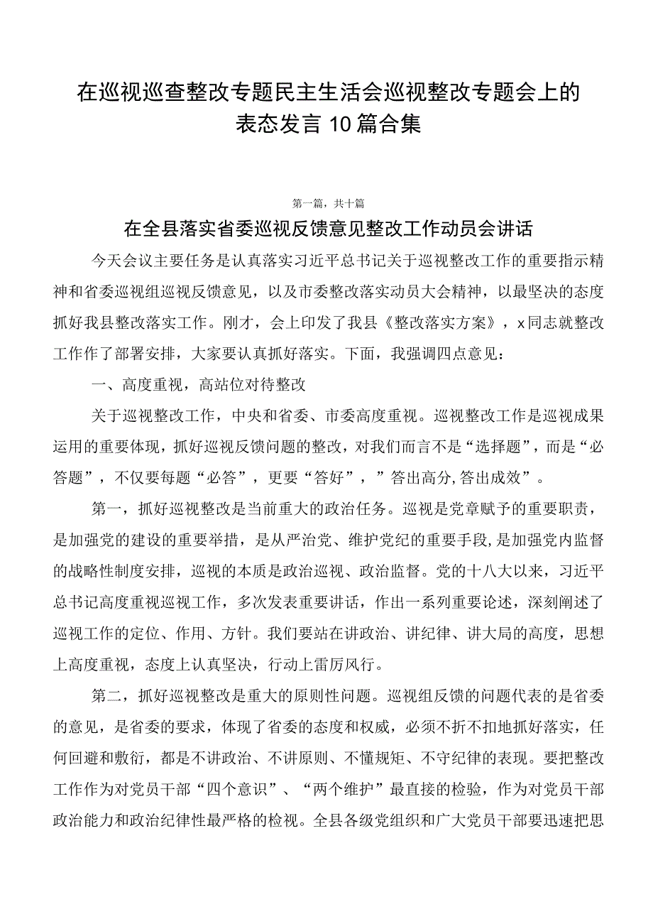 在巡视巡查整改专题民主生活会巡视整改专题会上的表态发言10篇合集.docx_第1页