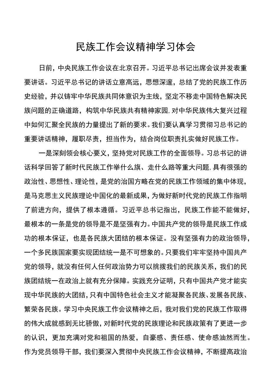 【心得体会】民族工作会议精神学习体会.docx_第1页