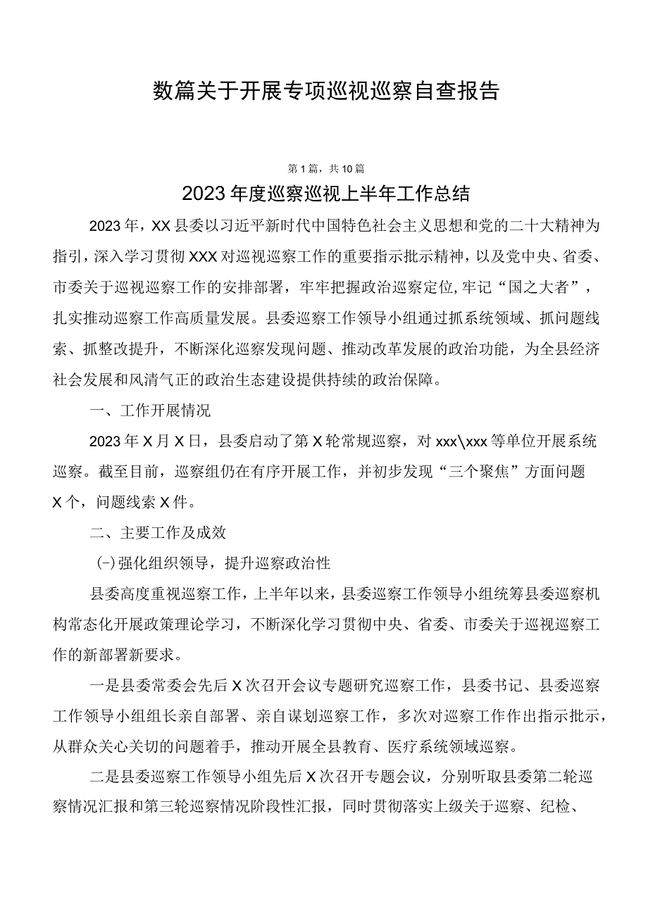 数篇关于开展专项巡视巡察自查报告.docx_第1页