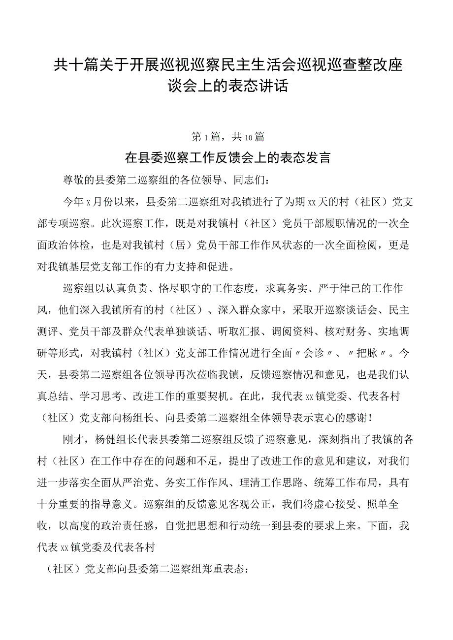 共十篇关于开展巡视巡察民主生活会巡视巡查整改座谈会上的表态讲话.docx_第1页