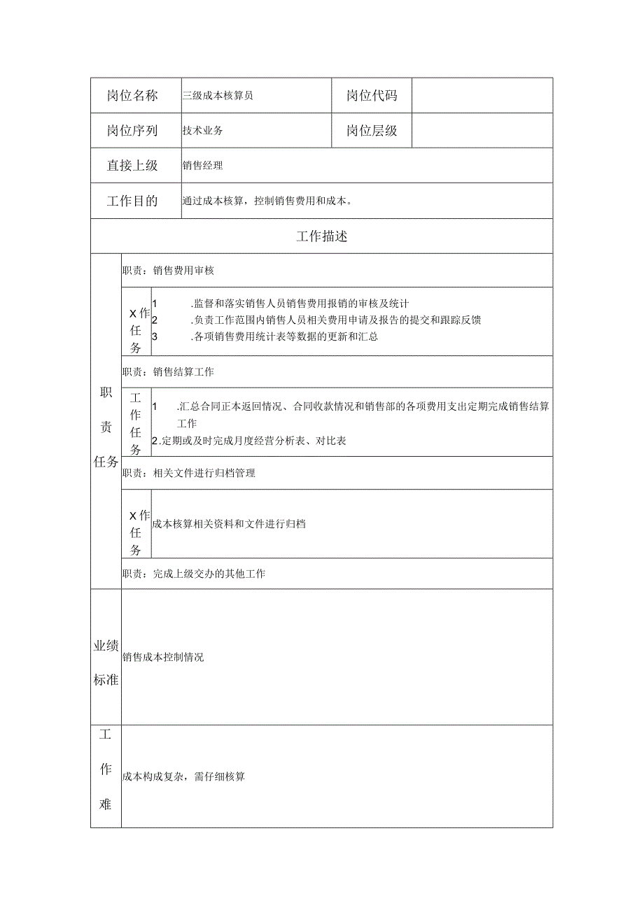 三级成本核算员--工业制造类岗位职责说明书.docx_第1页